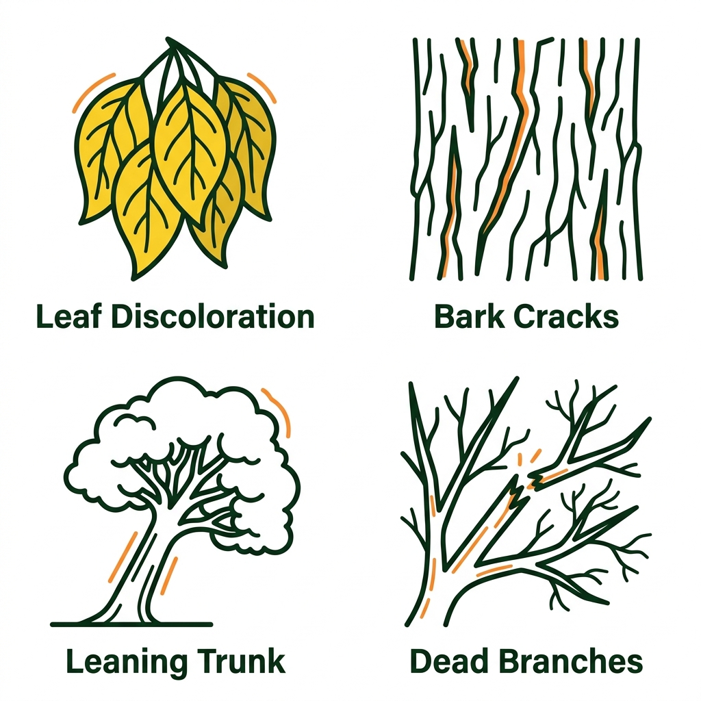 2x2 grid of icons depicting leaf discoloration, bark cracks, leaning trunk, and dead branches indicating tree health issues