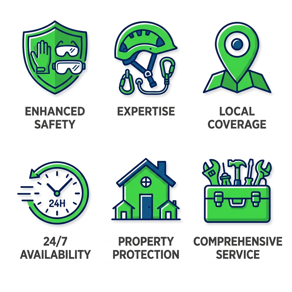 Grid of six icons depicting benefits of professional tree removal: enhanced safety, expertise, local coverage, 24/7 availability, property protection, comprehensive service.