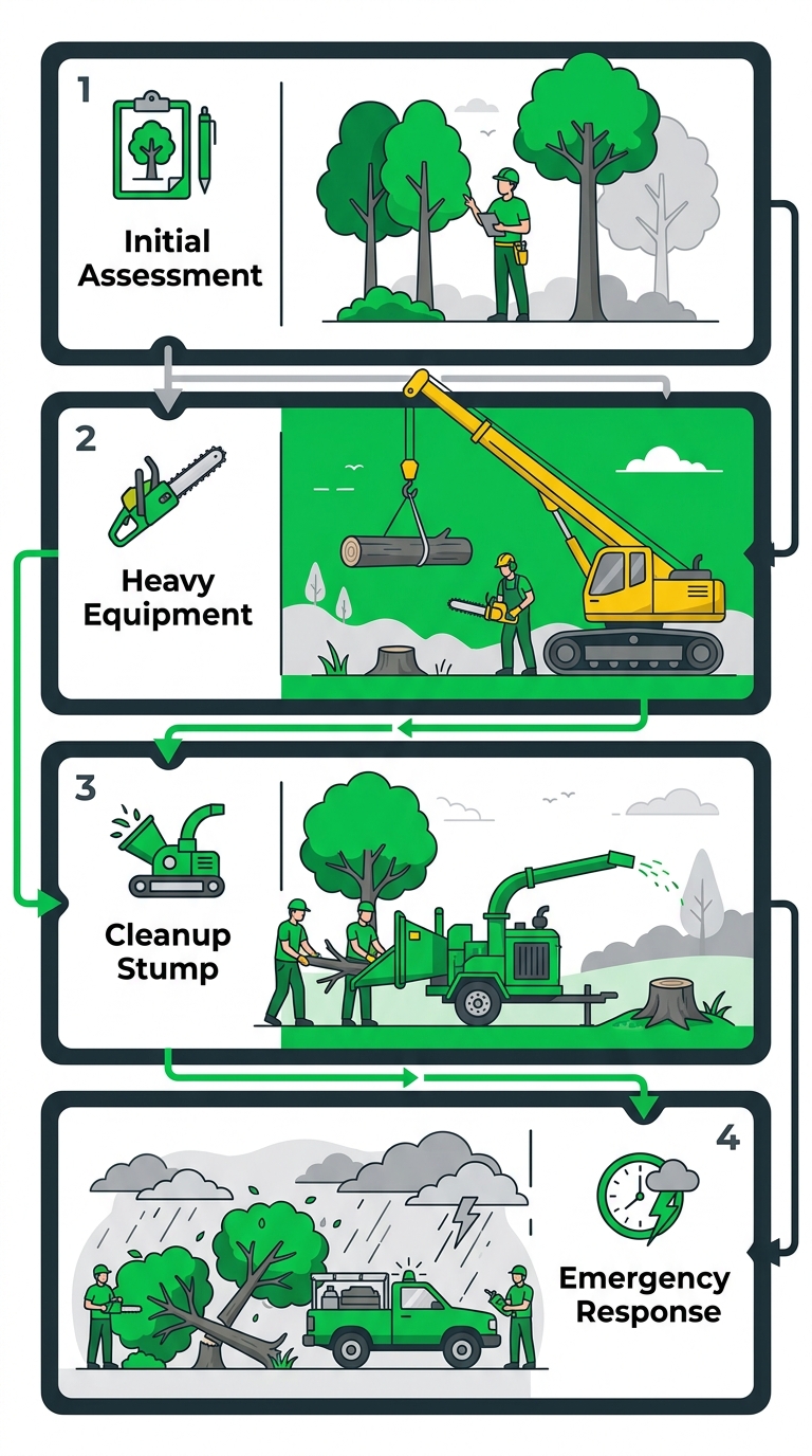 Vertical process flow diagram illustrating four stages of professional tree removal: initial assessment, heavy equipment execution, cleanup and stump handling, emergency response timeline.