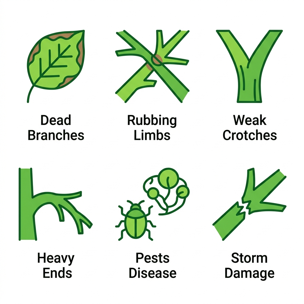 Grid of 6 icons showing common tree pruning signs: dead branches, rubbing limbs, weak crotches, heavy ends, pests, storm damage.