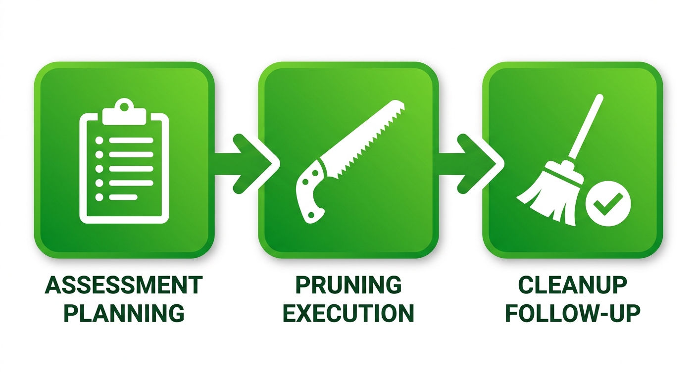 Horizontal process flow diagram of three key stages in professional tree pruning: assessment planning, pruning execution, and cleanup follow-up.