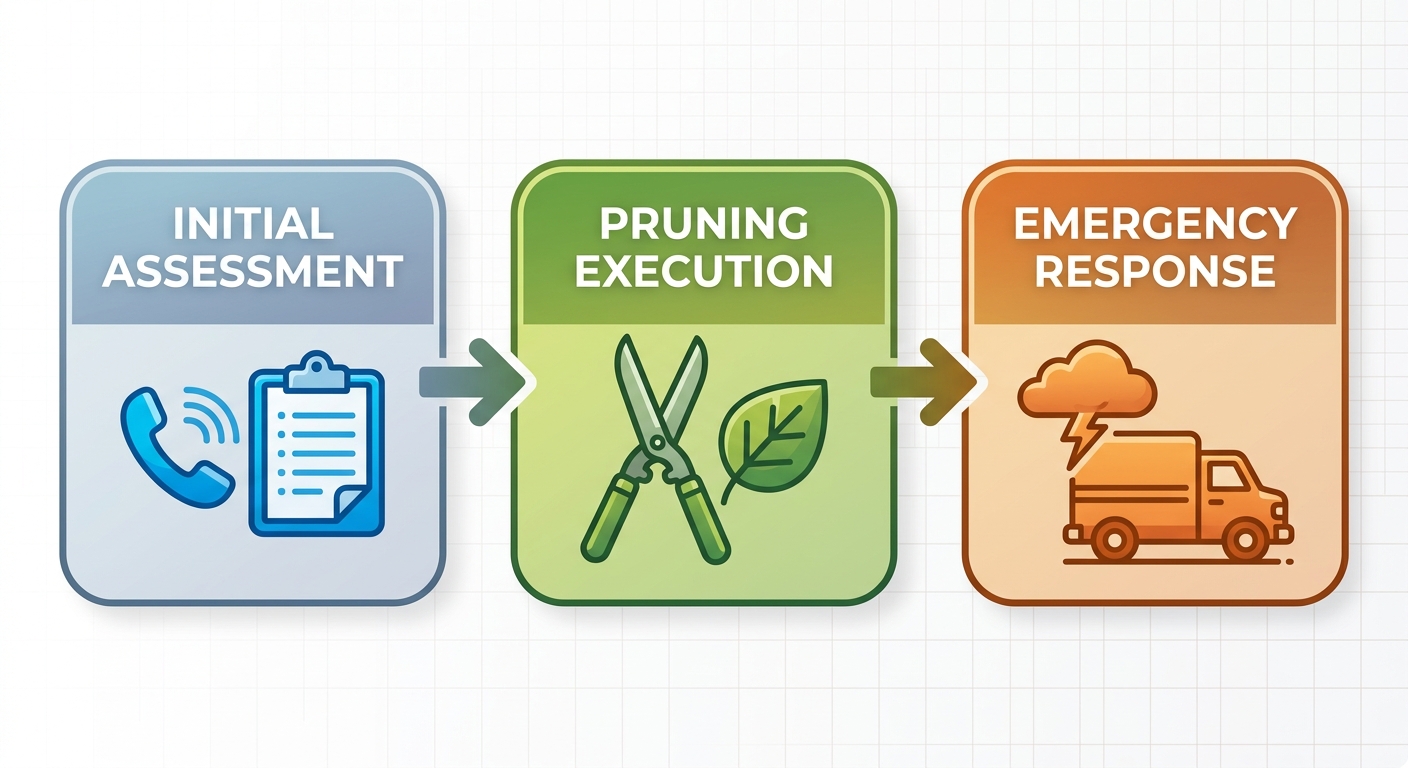 Process flow diagram illustrating three stages of arborist services: initial assessment, pruning execution, and emergency response with icons and arrows.