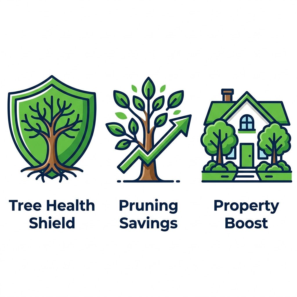 Icons showing benefits of certified arborists: tree health and safety, pruning cost savings, property value improvements.