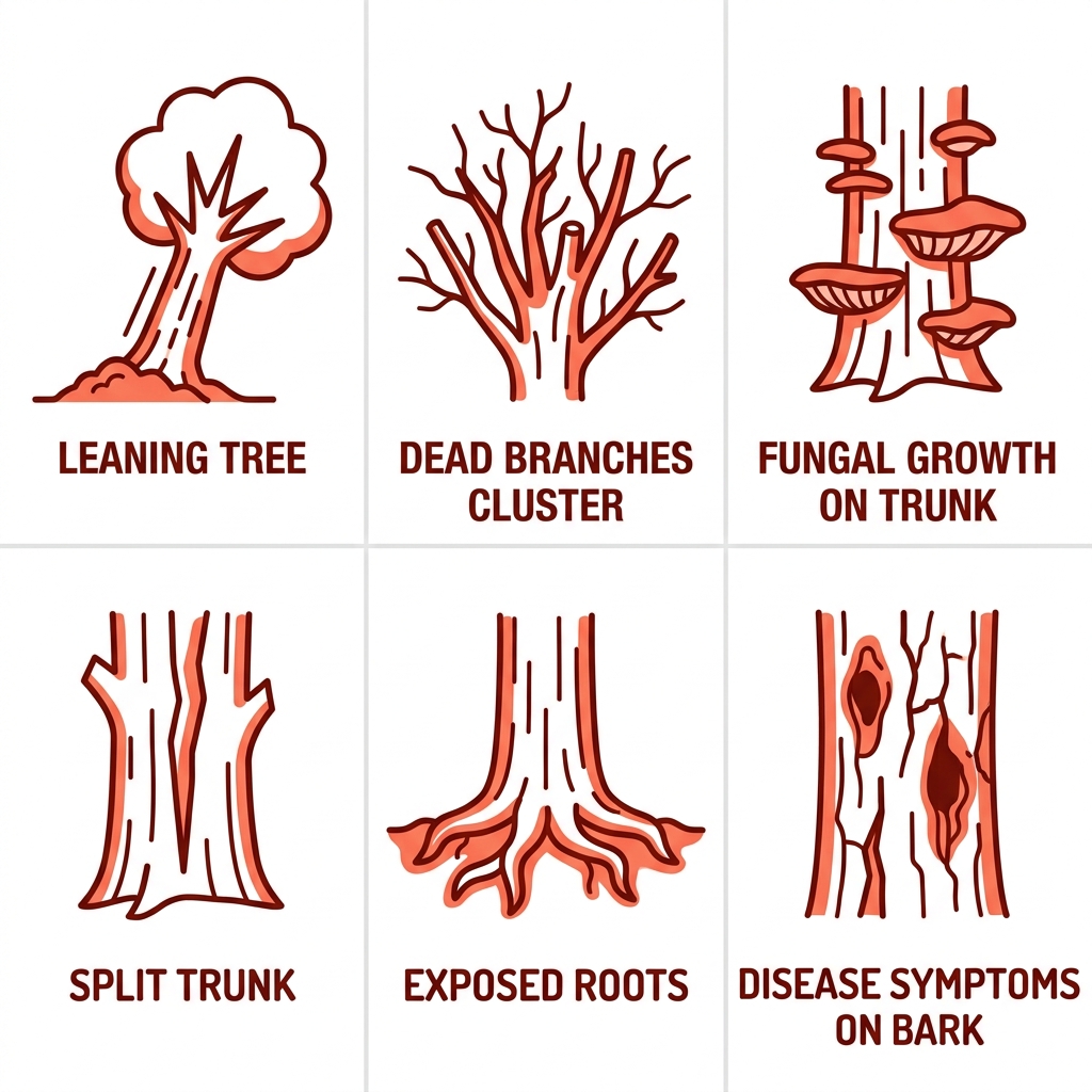 Grid of six simple line-art icons depicting common tree hazards: leaning tree, dead branches, fungal growth, split trunk, exposed roots, and bark disease symptoms.