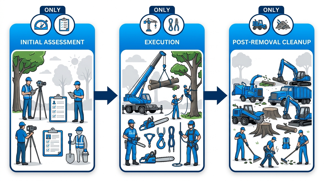 Horizontal process flow diagram of tree removal stages: assessment, execution, and cleanup with icons.