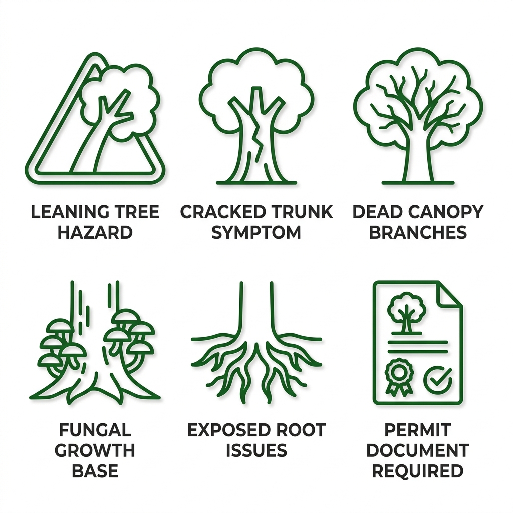 Grid of six icons showing tree hazards: leaning tree, cracked trunk, dead branches, fungal growth, exposed roots, and removal permit for Haughton.