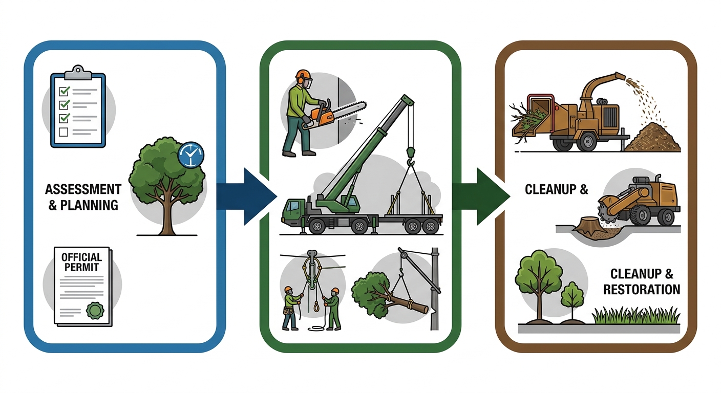 Horizontal process flow diagram of three tree removal stages: assessment and planning, execution with equipment, cleanup and restoration, with icons and connecting arrows.