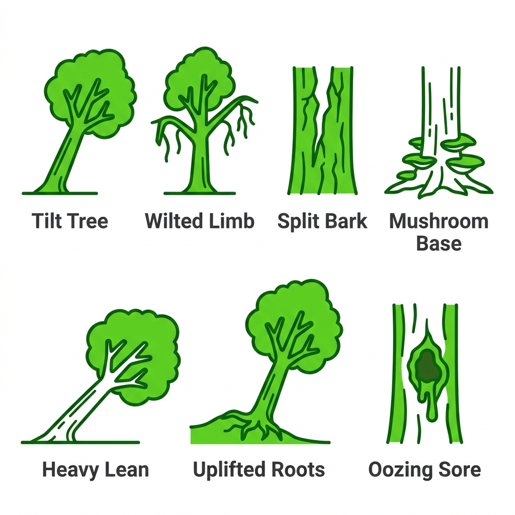 Grid of icons showing seven signs trees need professional care: leaning trunk, dead branches, bark cracks, fungus, heavy lean, soil heaving, cankers