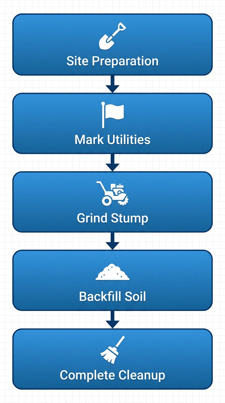 Vertical process flow diagram of five stages in professional stump grinding: site preparation, utility marking, grinding, backfilling, and cleanup with icons.