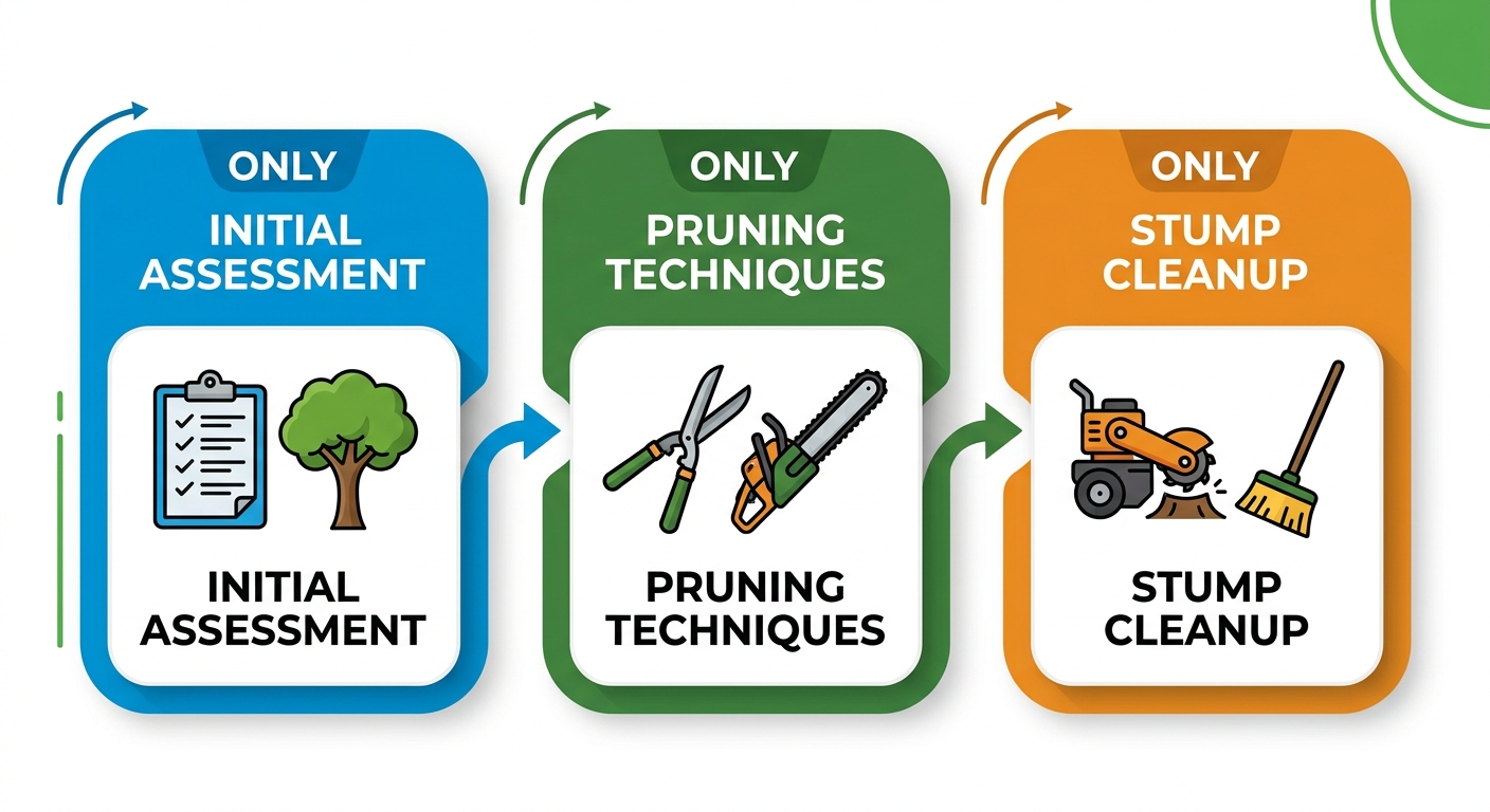 Horizontal process flow diagram of three stages in professional tree care: initial assessment, pruning techniques, and stump cleanup.