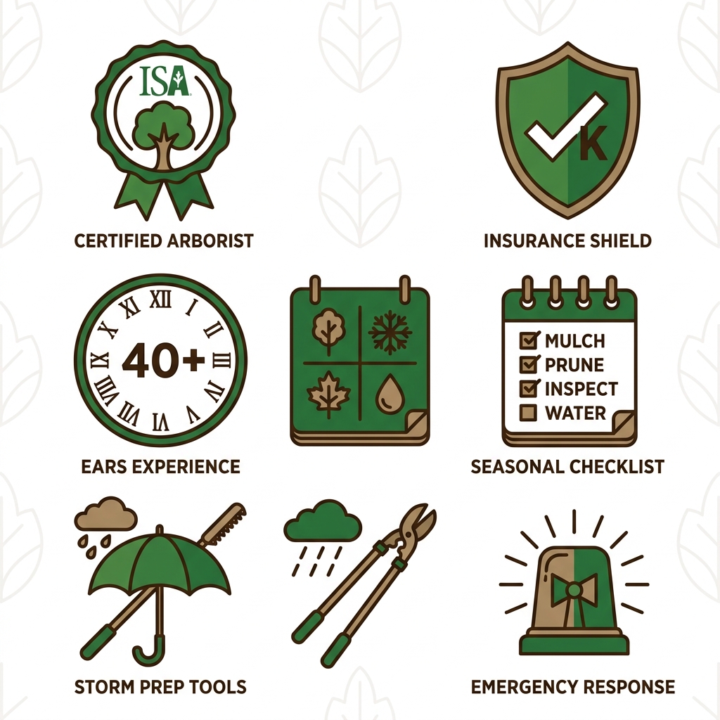 Square grid of six icons representing tree maintenance best practices: certified arborist badge, insurance shield, experience clock, seasonal checklist, storm preparation tools, and emergency response siren.