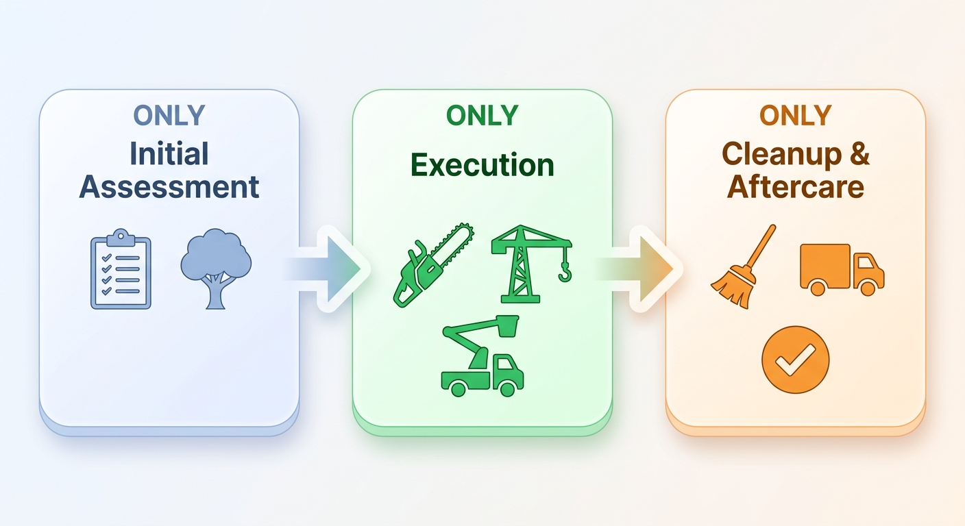 Horizontal process flow diagram illustrating three stages of professional tree cutting: assessment and planning, execution with equipment, cleanup and aftercare, with icons and arrows.