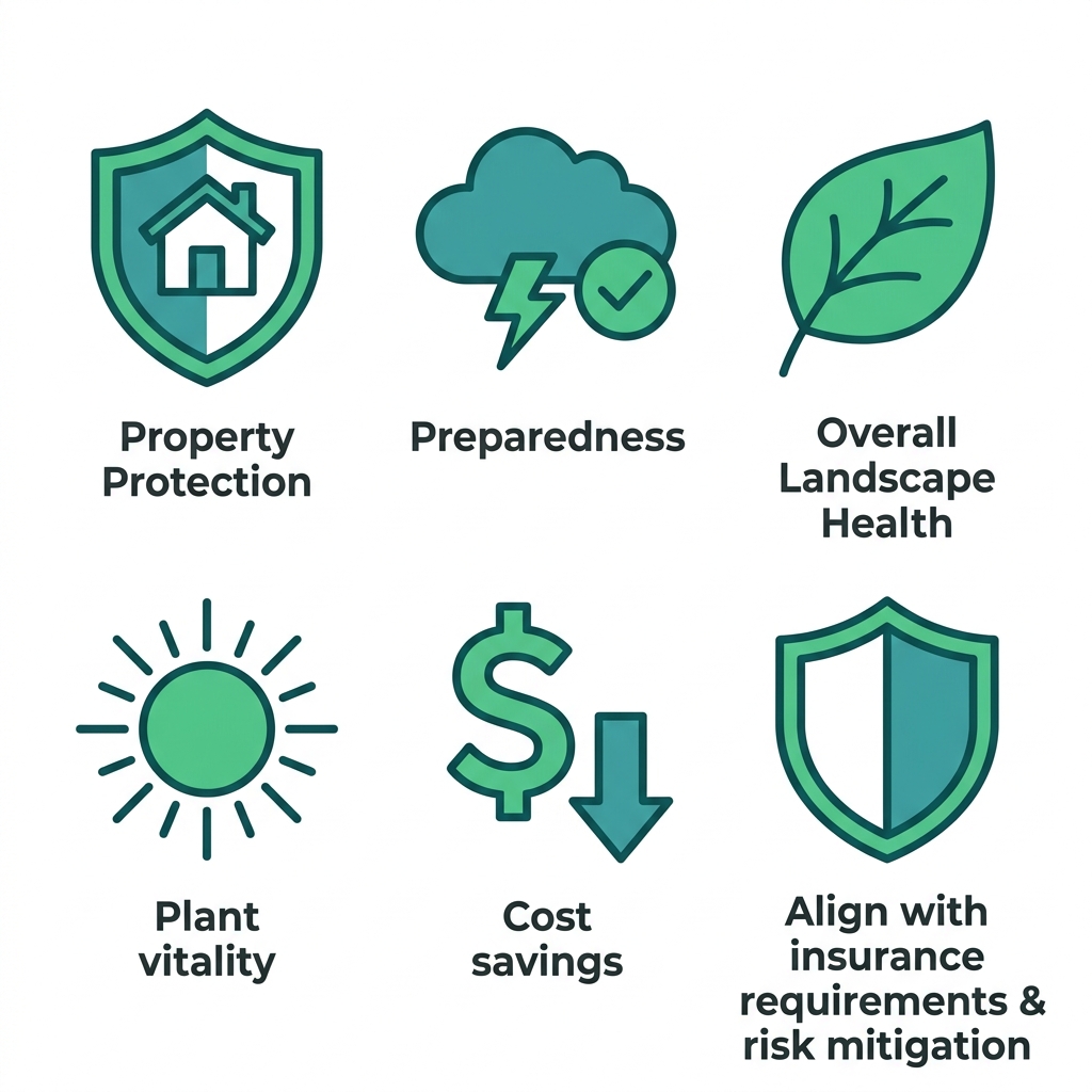 Square grid of six flat icons depicting tree service benefits: property safety, storm preparedness, landscape health, vitality, cost savings, and insurance alignment.