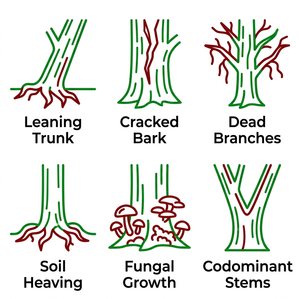 Grid of 6 icons depicting common hazardous tree signs like leaning trunks and fungal growth in Haughton