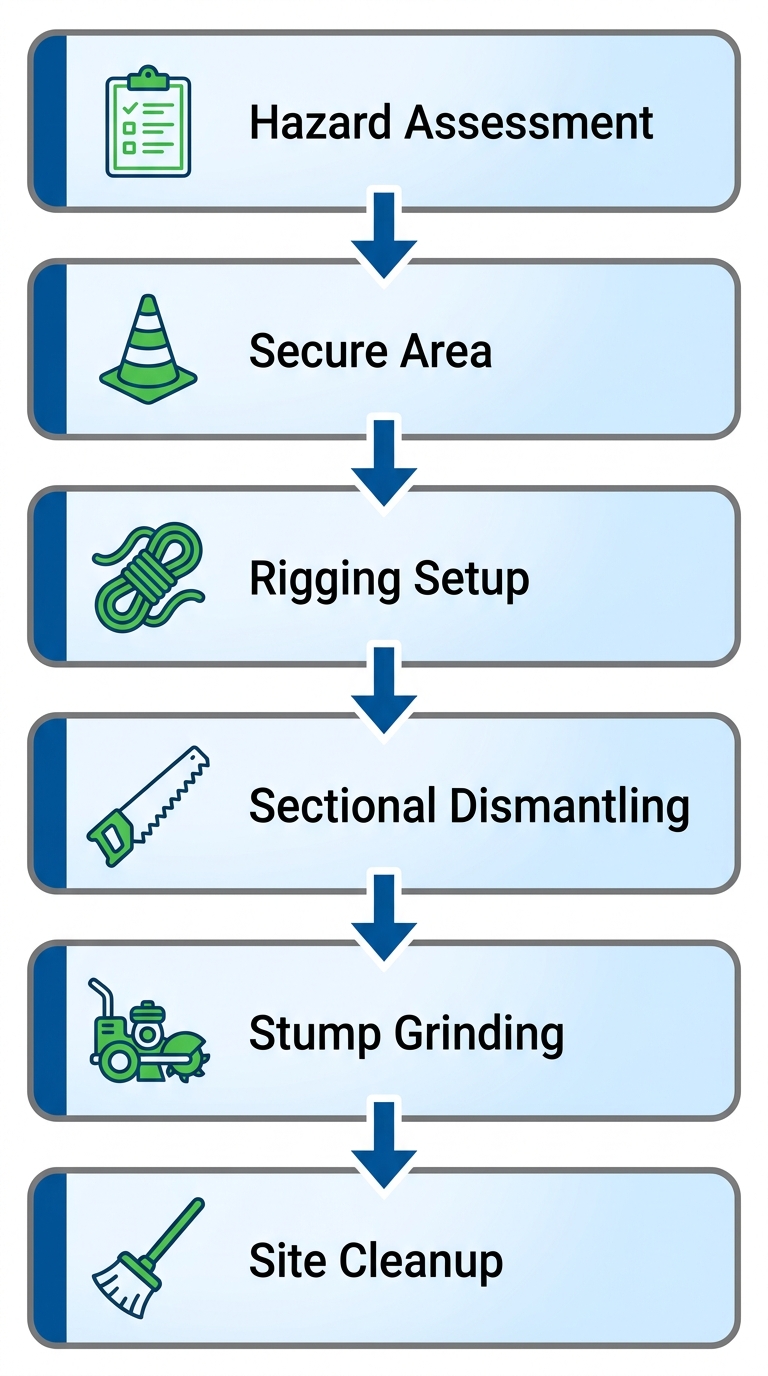 Vertical process flow diagram illustrating 6 stages of professional tree removal service: hazard assessment, area securing, rigging, dismantling, stump grinding, and site cleanup.