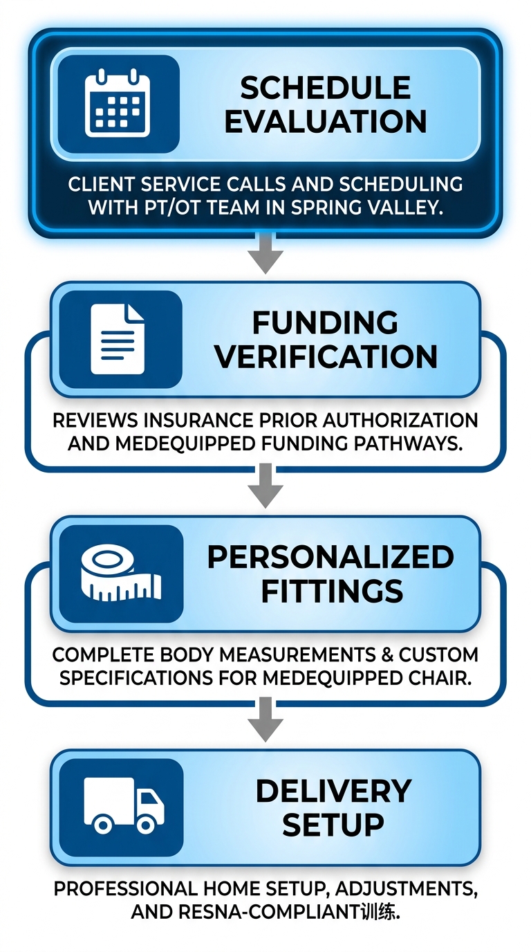 Vertical process flow diagram illustrating four stages of obtaining a custom powered wheelchair: schedule evaluation, funding verification, personalized fittings, and delivery setup.