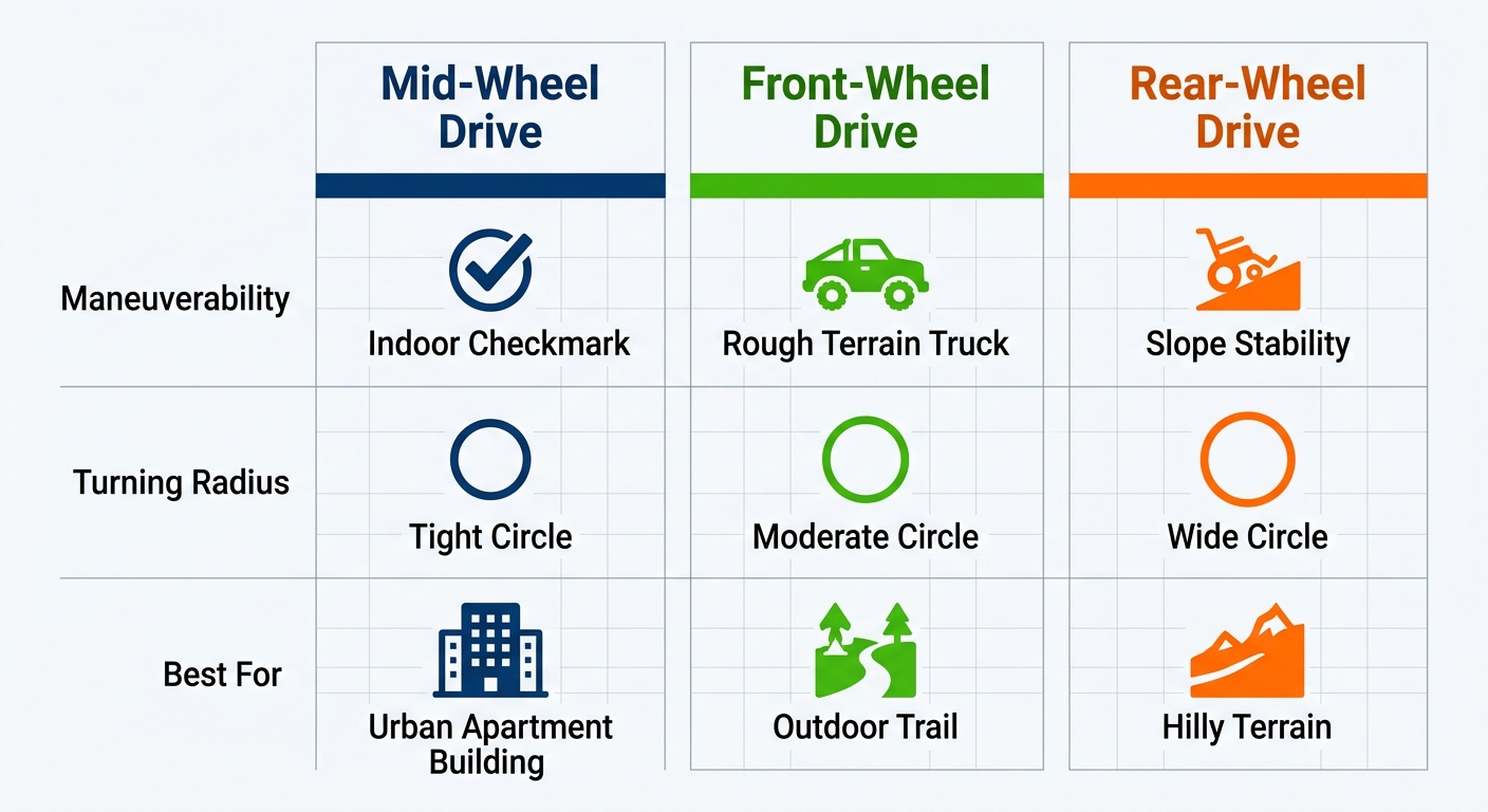 Infographic comparing Mid-Wheel, Front-Wheel, and Rear-Wheel Drive powered wheelchairs by maneuverability, turning radius, and best uses with icons