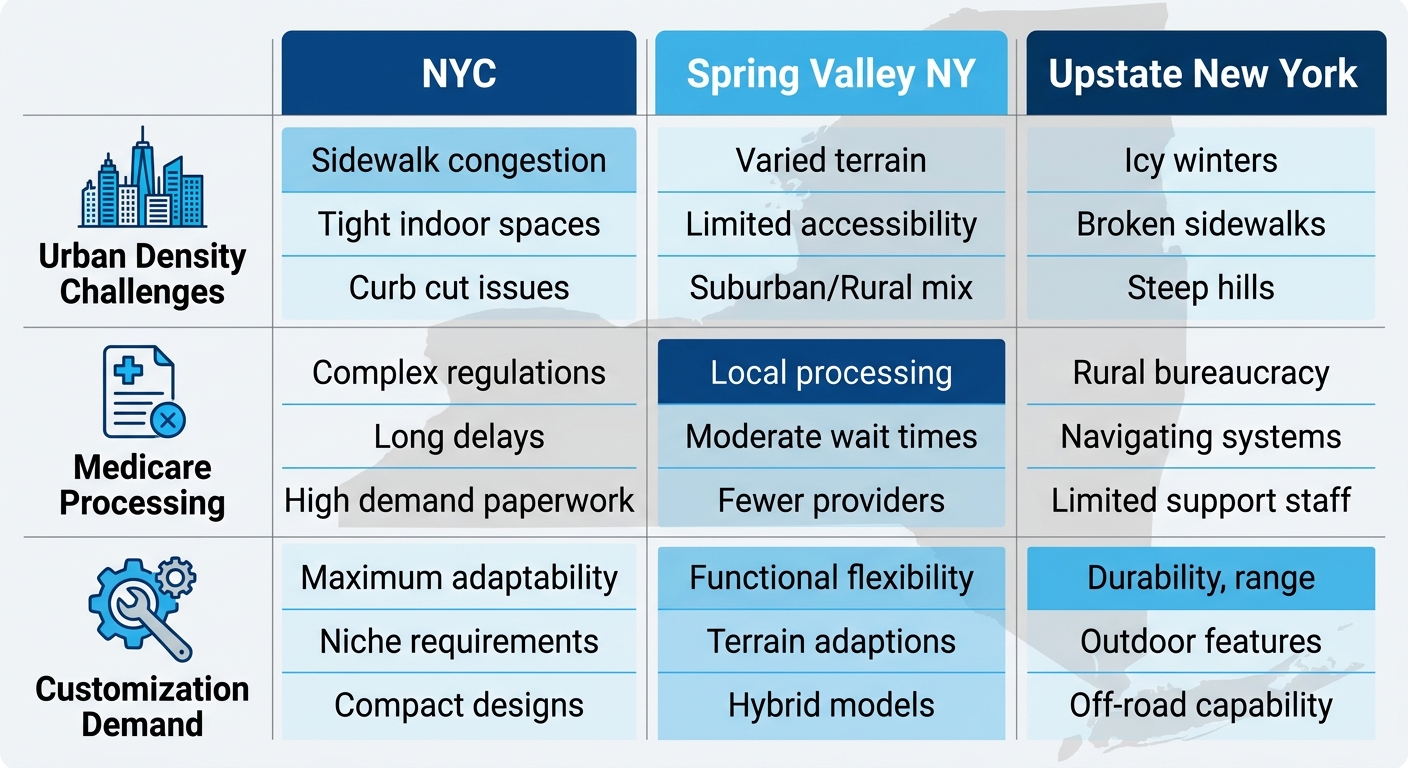 Infographic comparing mobility challenges, Medicare processing, and customization demands for powered wheelchairs in NYC, Spring Valley, and Upstate New York regions