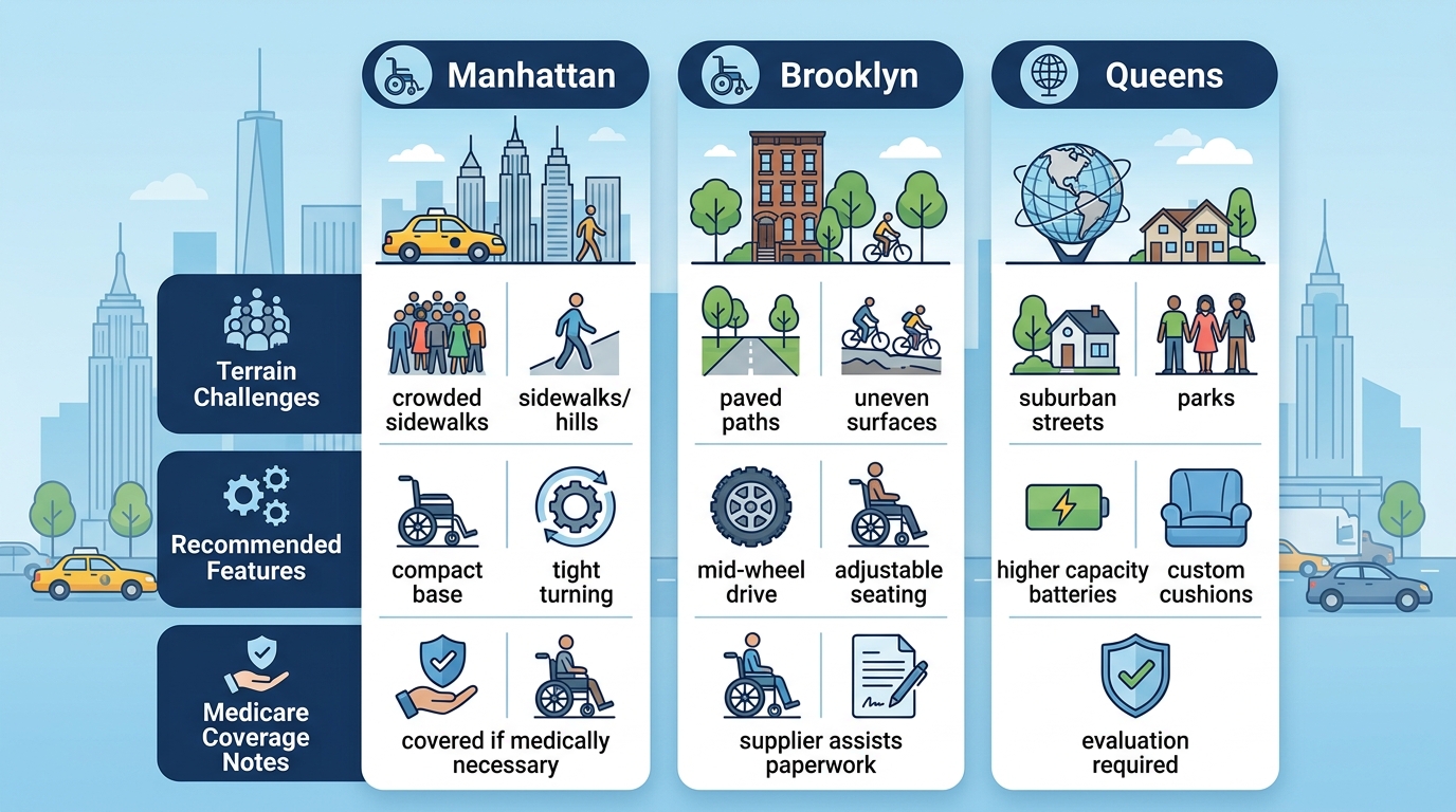 Infographic comparing terrain challenges, recommended features, and Medicare notes for powered wheelchairs across NYC boroughs Manhattan, Brooklyn, Queens.