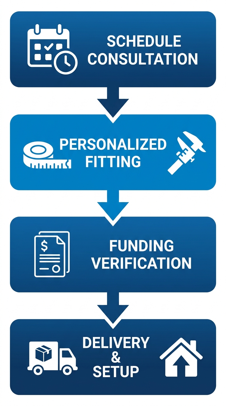 Vertical four-stage process flow for custom wheelchair evaluation: schedule consultation, personalized fitting, funding verification, delivery and setup.