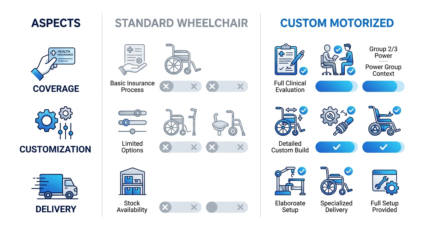 Infographic comparing standard wheelchairs versus custom motorized wheelchairs across coverage, customization, and delivery aspects with icons, bars, and checkmarks