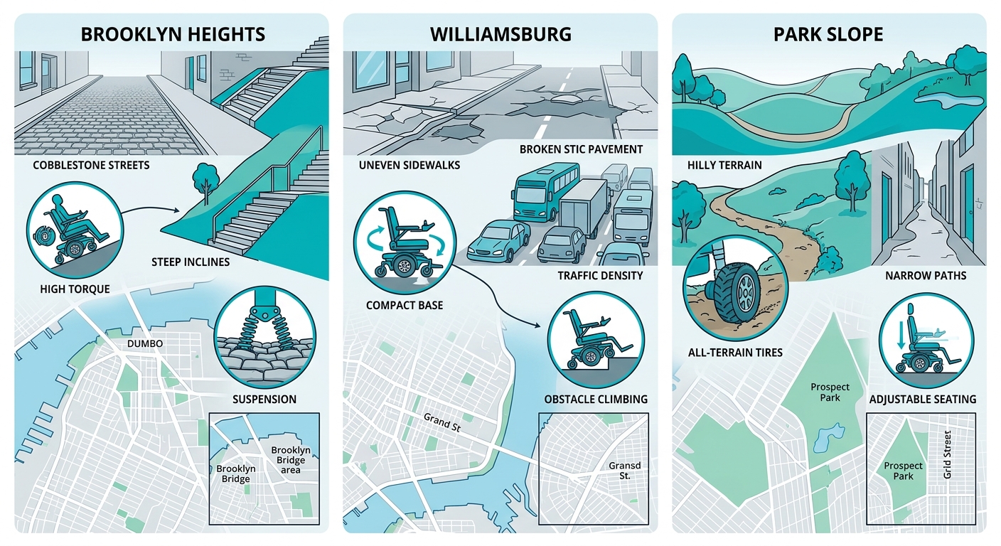 Infographic comparing wheelchair mobility features in three Brooklyn neighborhoods: Brooklyn Heights, Williamsburg, and Park Slope, aligned with RESNA standards