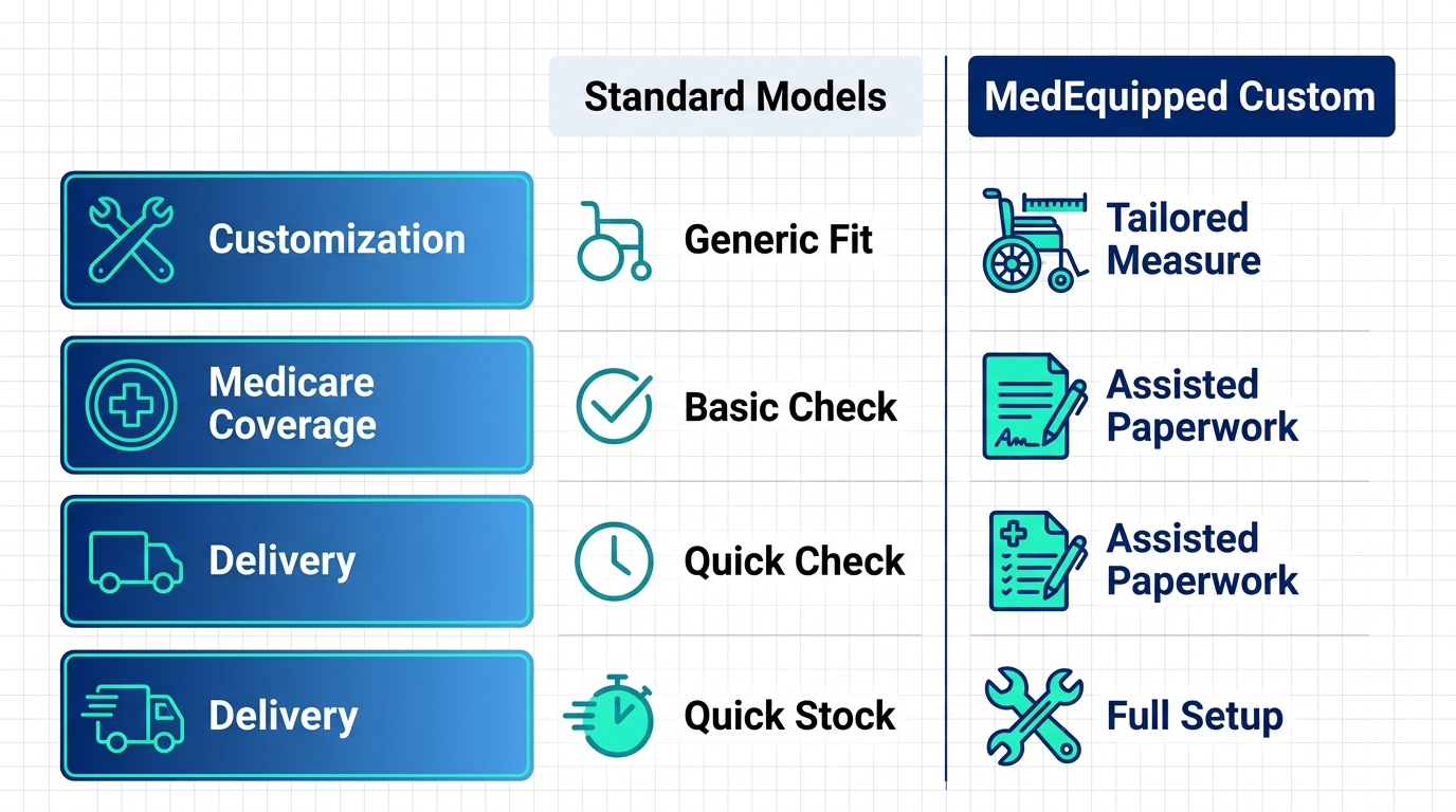 Three-column comparison infographic of generic, standard, and MedEquipped custom motorized wheelchair features including Medicare coverage