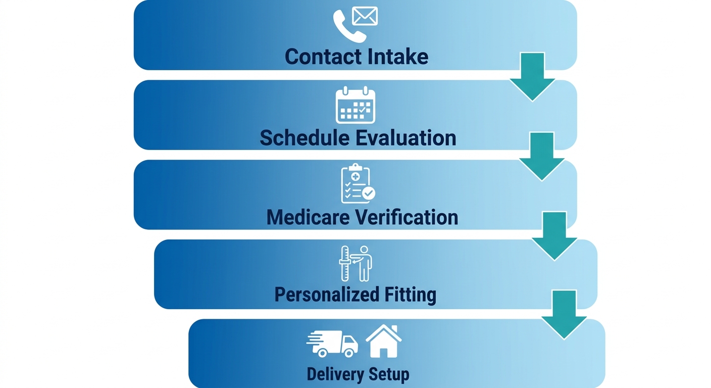 Vertical process flow diagram of five stages for custom powered wheelchair journey: contact, evaluation, verification, fitting, delivery.