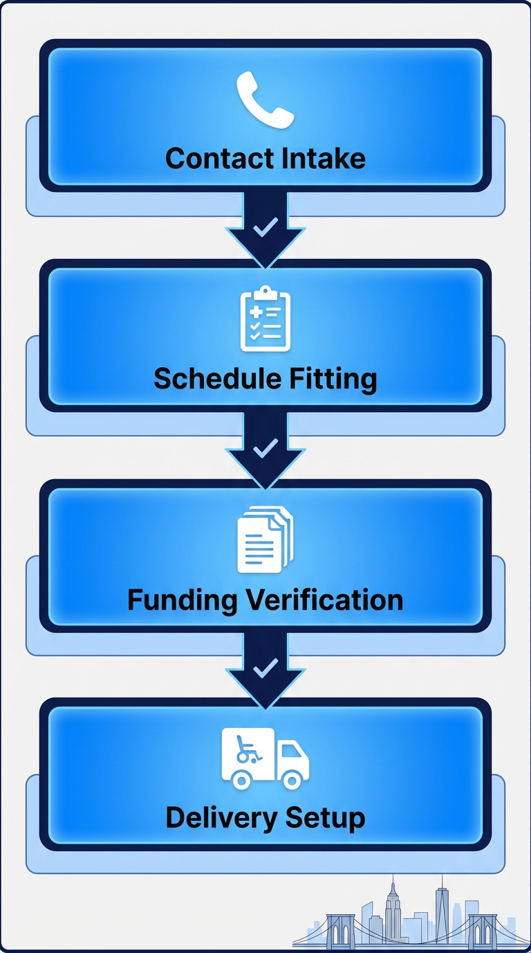 Vertical process flow diagram of 4 steps for custom powered wheelchair: contact intake, schedule fitting, funding verification, delivery setup