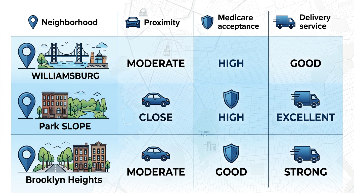 Infographic comparing wheelchair service proximity, Medicare access, and delivery feasibility across Brooklyn neighborhoods Williamsburg, Park Slope, and Brooklyn Heights.