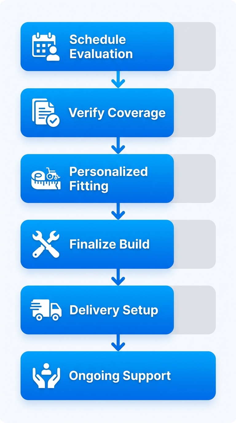 Vertical process flow illustrating six steps to obtain a custom powered wheelchair: schedule evaluation, verify Medicare, personalized fitting, finalize build, delivery setup, and ongoing support.