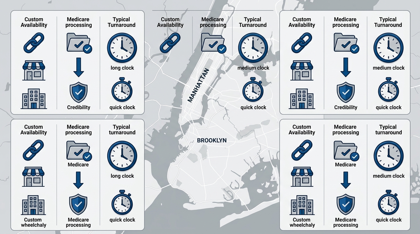 Infographic showing powered wheelchair services comparison in Manhattan, Brooklyn, and Spring Valley: custom options, Medicare processing, turnaround times.