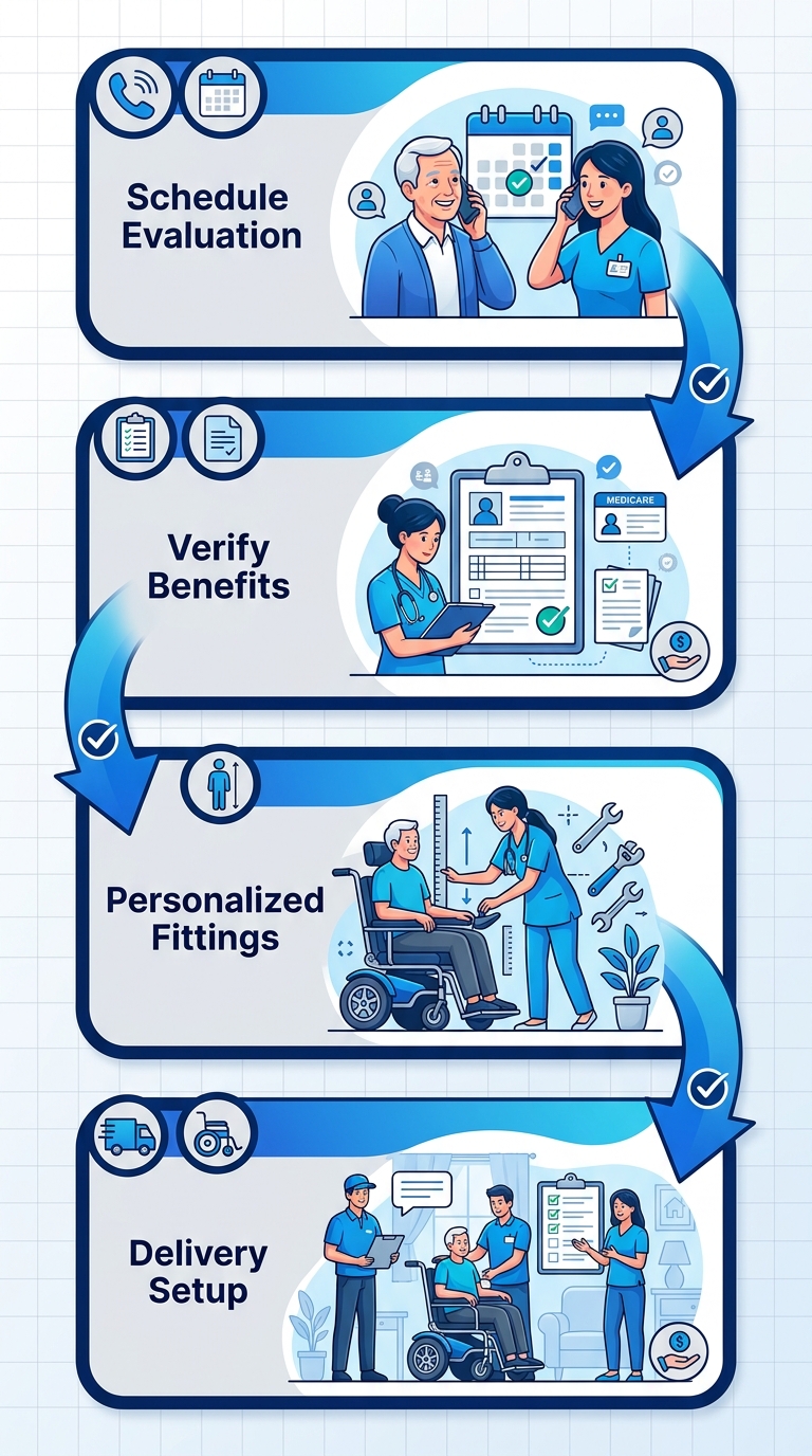 Vertical process flow diagram illustrating four steps to acquire powered wheelchairs: schedule evaluation, verify Medicare benefits, personalized fittings, and delivery setup with icons and assistance highlights.
