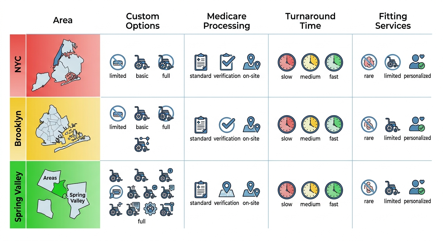 Infographic matrix comparing powered wheelchair services in New York City, Brooklyn, and Spring Valley across customization, Medicare processing, turnaround time, and fitting services, highlighting Spring Valley advantages.