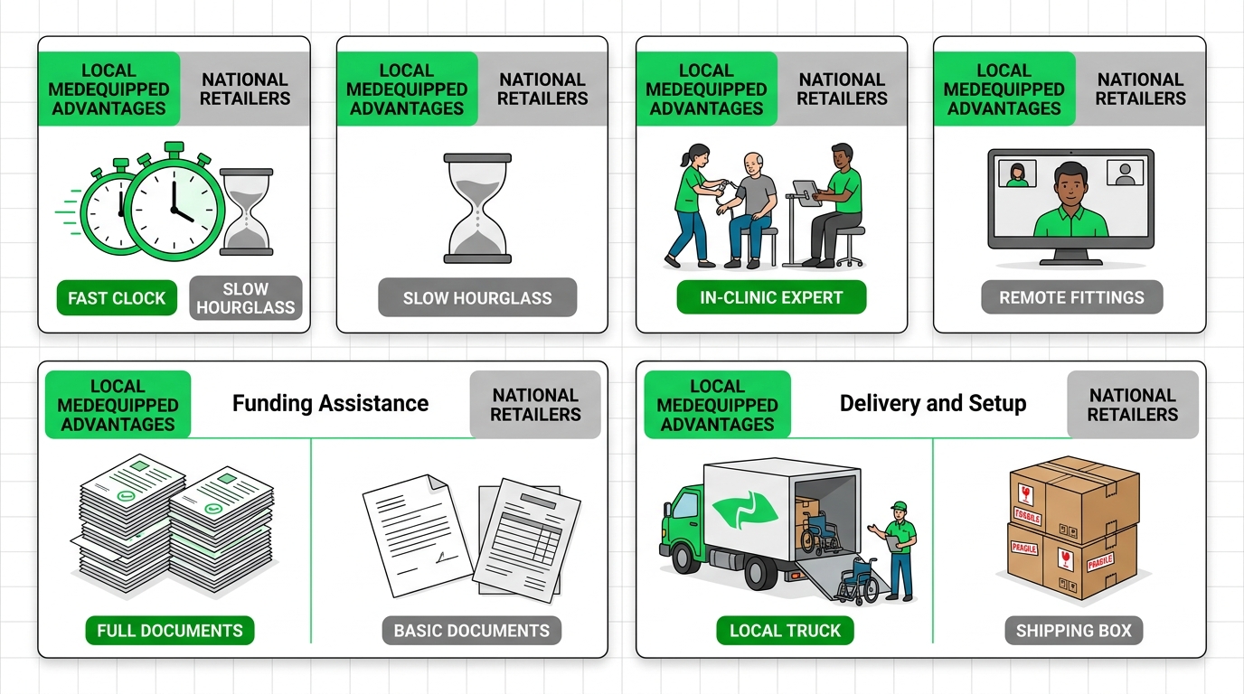 Infographic comparing Spring Valley local motorized wheelchair providers versus national retailers on turnaround, fittings, funding, and delivery