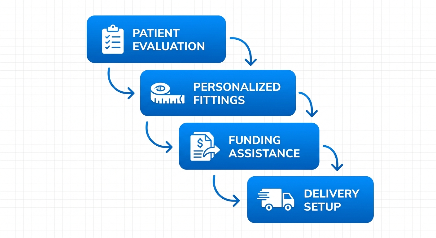 Vertical process flow diagram of four stages for custom motorized wheelchairs in Queens: patient evaluation, personalized fittings, funding assistance, and delivery setup.