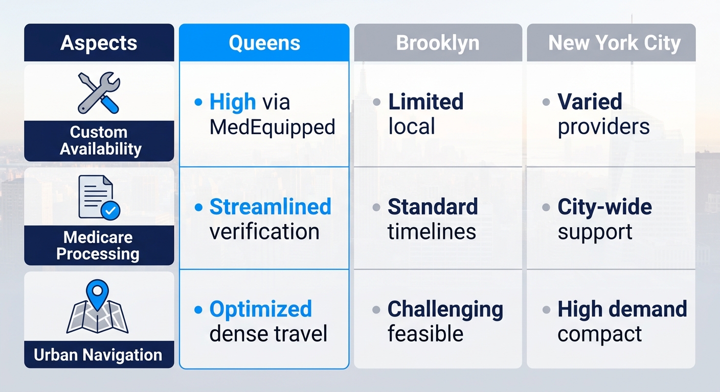 Infographic comparison of motorized wheelchair custom availability, Medicare processing, and urban navigation in Queens versus Brooklyn and New York City