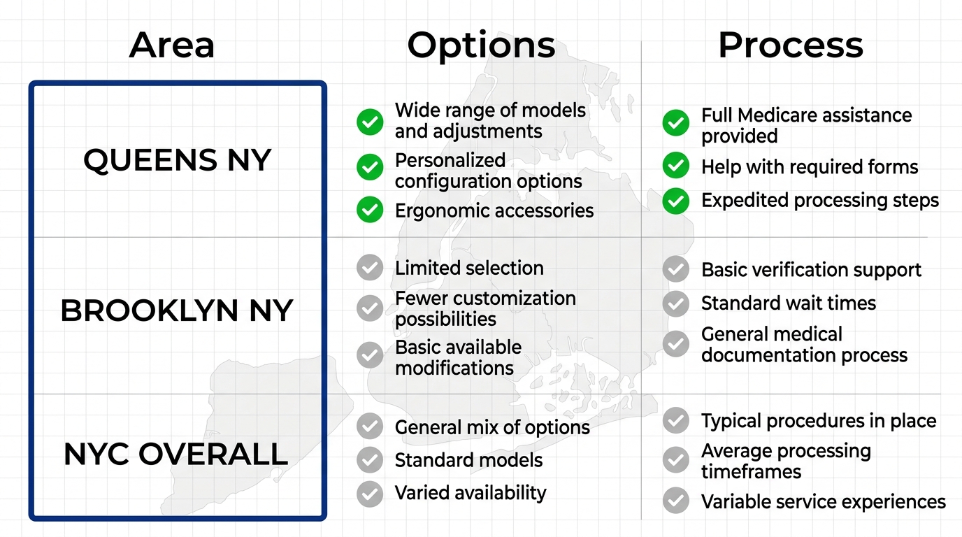 Infographic comparing wheelchair service options across Queens NY, Brooklyn NY, and NYC, highlighting Queens advantages with green checkmarks and blue accents.