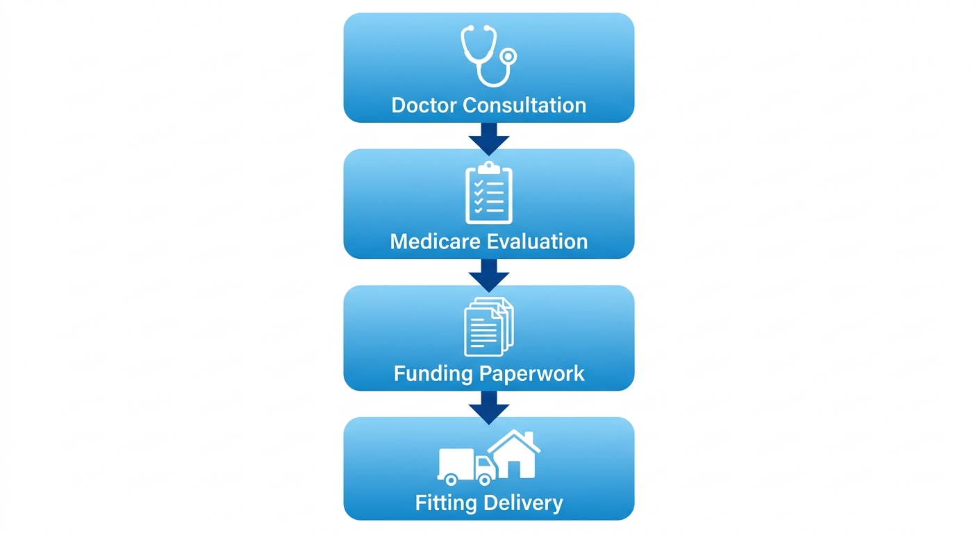 Vertical process flow diagram showing four steps to get a custom motorized wheelchair: doctor consultation, Medicare evaluation, funding paperwork, and fitting delivery.