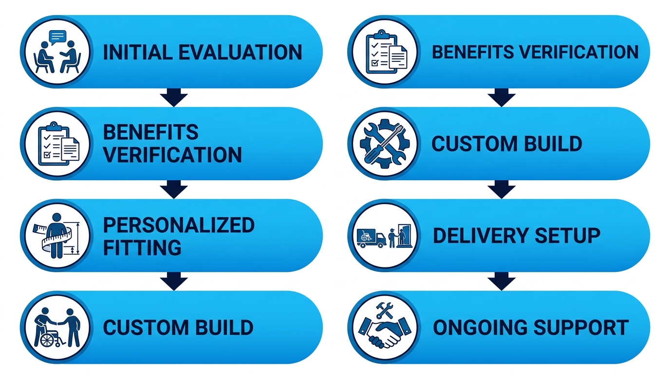 Vertical process flow diagram illustrating six steps to secure a custom motorized wheelchair for Queens residents