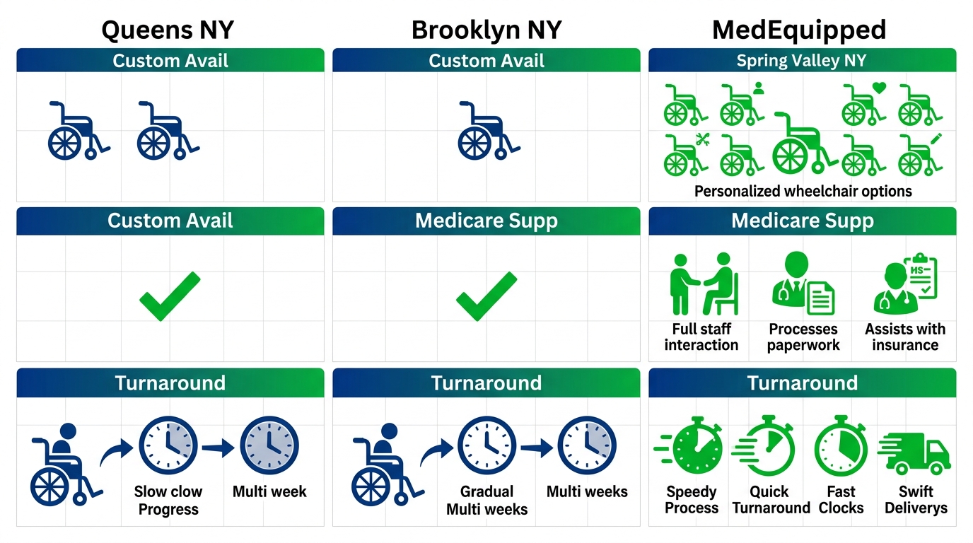 Infographic comparing wheelchair custom availability, Medicare support, and turnaround times across Queens NY, Brooklyn NY, and Spring Valley NY MedEquipped.
