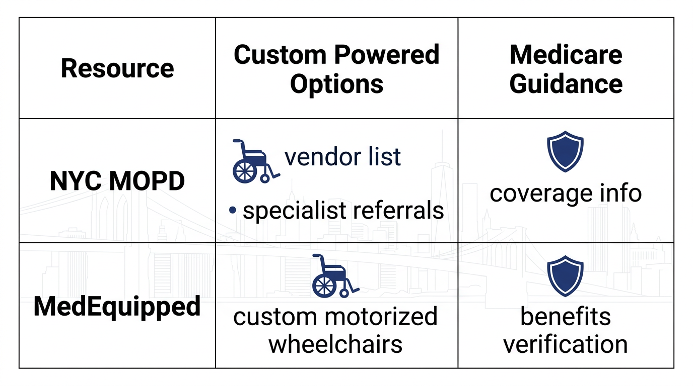 Infographic comparing Brooklyn wheelchair resources: NYC MOPD and MedEquipped services with custom options and Medicare guidance