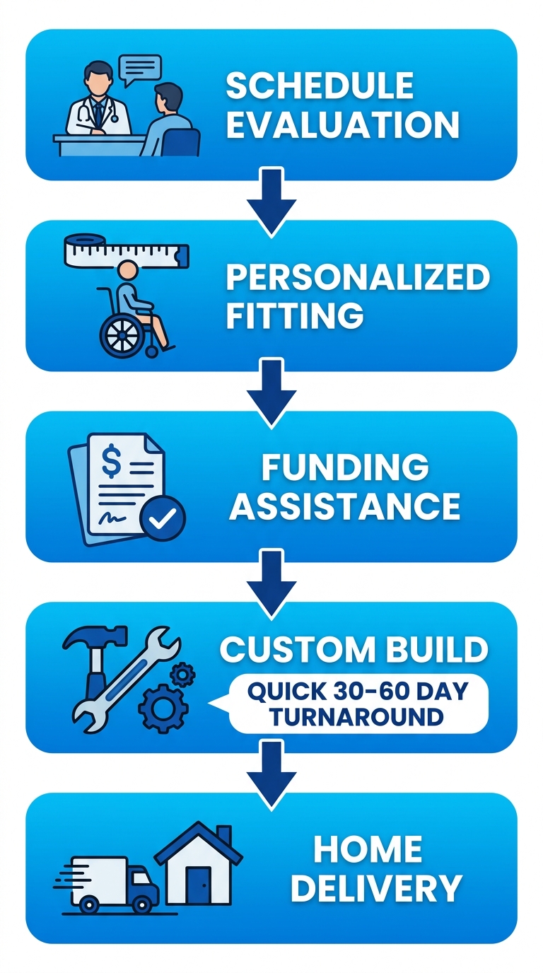 Vertical process flow diagram of five steps to custom motorized wheelchair: evaluation, fitting, funding, build, and delivery.