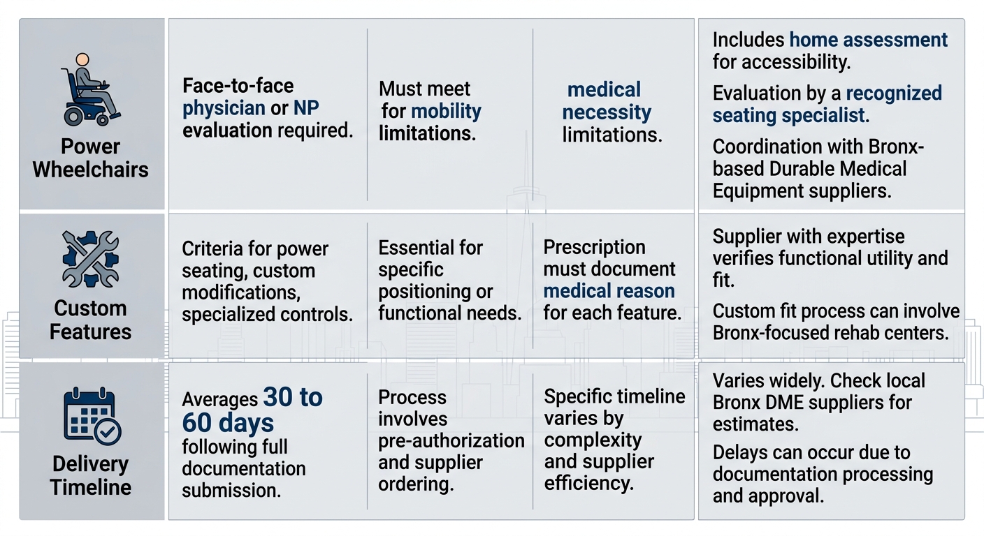Infographic table comparing Medicare wheelchair coverage: aspects, criteria, and Bronx-specific notes with icons