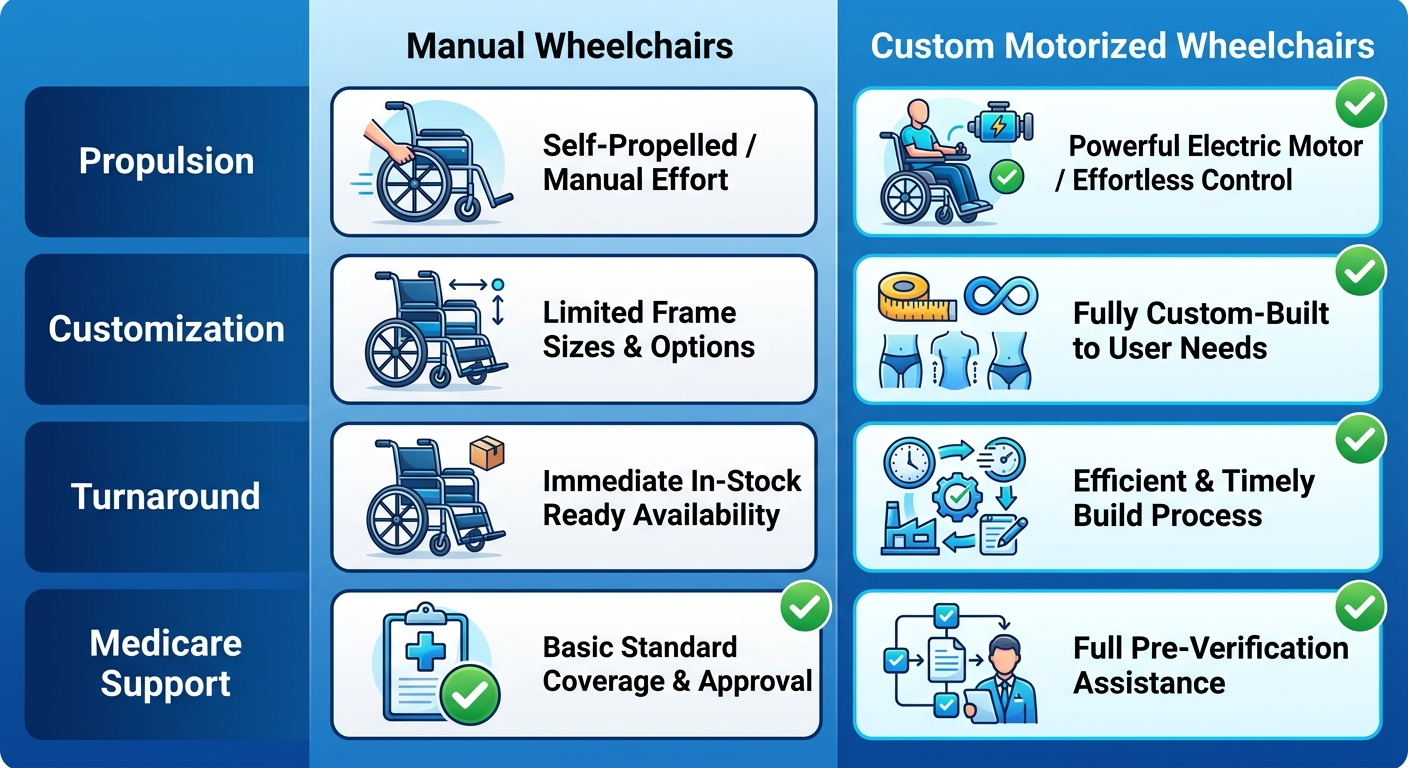 Infographic comparing manual wheelchairs and custom motorized wheelchairs across propulsion, customization, turnaround, and Medicare support features with icons and checkmarks.