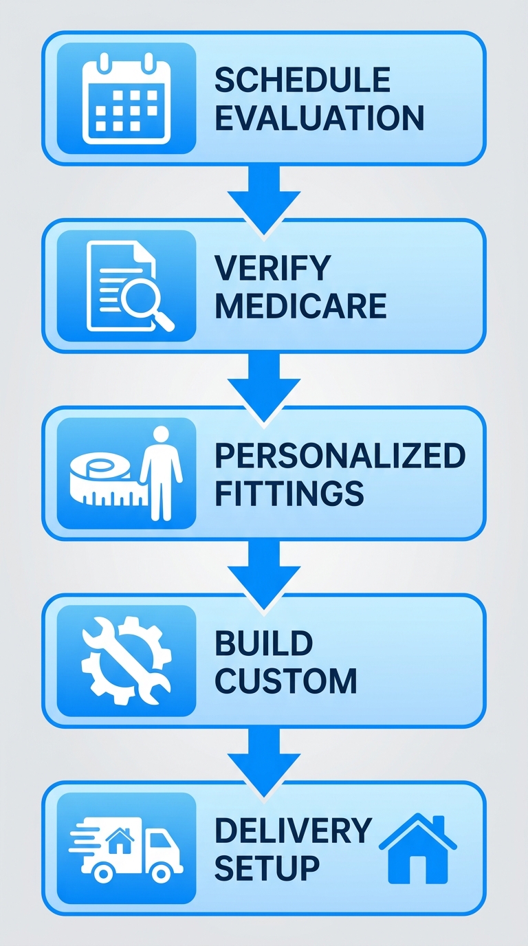 Vertical process flow diagram of 5 stages for obtaining custom motorized wheelchairs: schedule evaluation, verify Medicare benefits, personalized fittings, build wheelchair, delivery and setup.