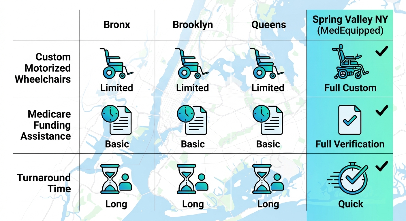 Infographic comparing custom motorized wheelchair services, Medicare funding assistance, and turnaround times in Bronx, Brooklyn, Queens vs Spring Valley NY MedEquipped