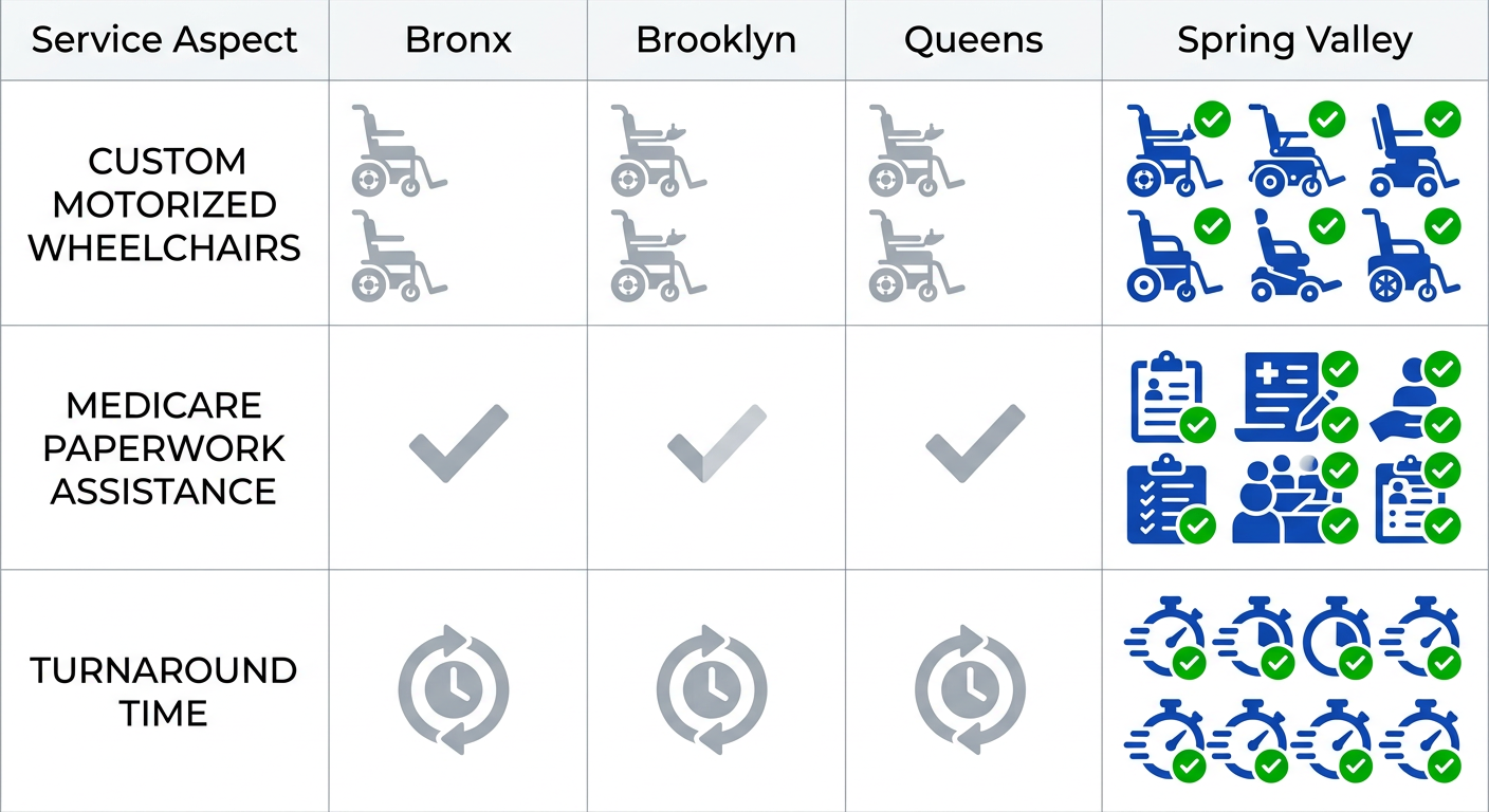 Infographic matrix comparing mobility services: custom motorized wheelchairs, Medicare paperwork assistance, and turnaround times across Bronx, Brooklyn, Queens, and Spring Valley MedEquipped.