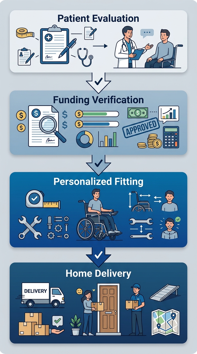 Vertical process flow diagram with four stages for custom motorized wheelchair: patient evaluation, funding verification, personalized fitting, and home delivery.