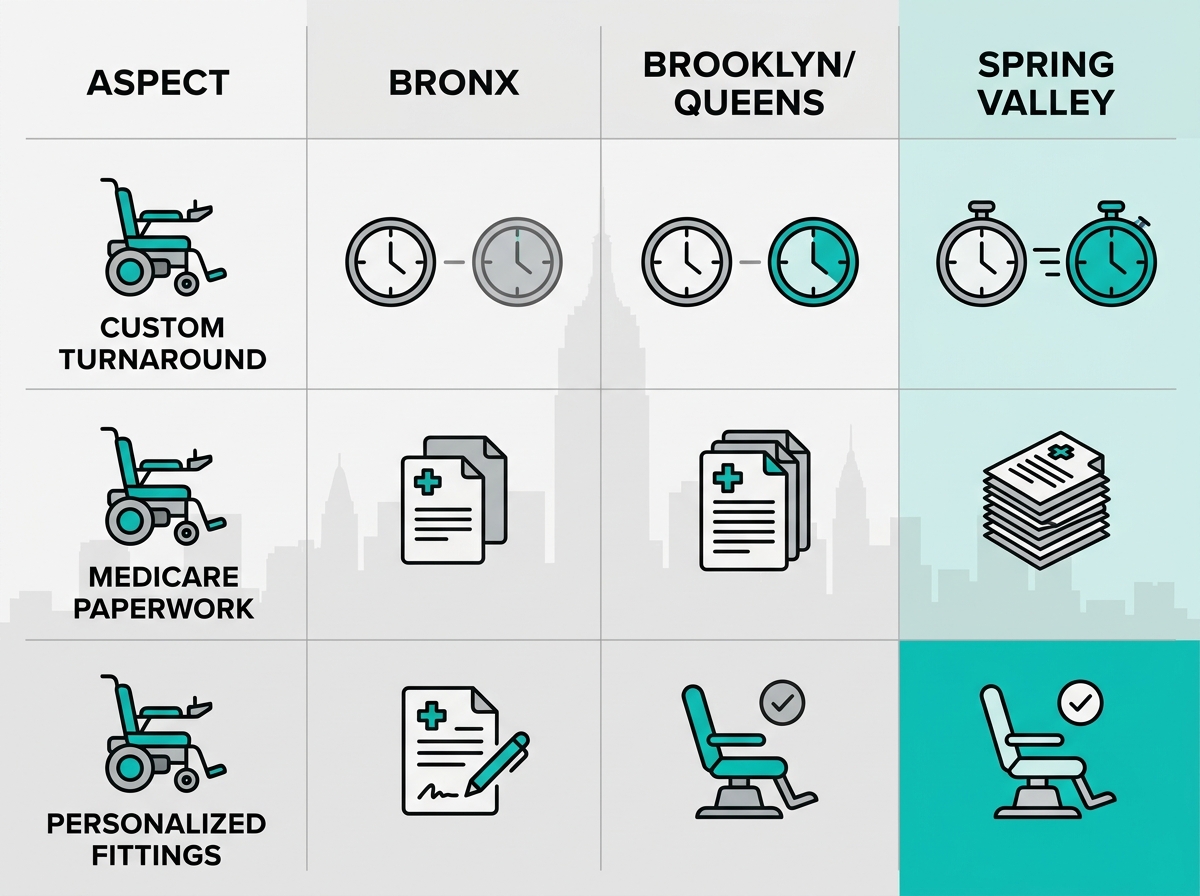 Infographic comparing custom turnaround, Medicare paperwork assistance, and personalized fittings for power wheelchairs in Bronx, Brooklyn/Queens, and Spring Valley MedEquipped.